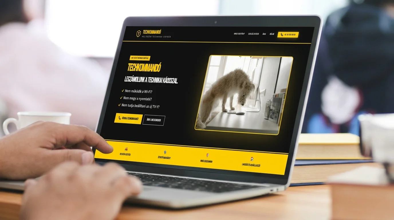 Laptop on a desk showing the TechKommandó homepage with its black-and-yellow brand identity.
