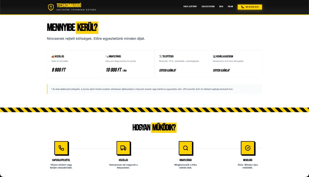 TechKommandó pricing cards and “Hogyan működik?” process steps with hazard-tape divider.