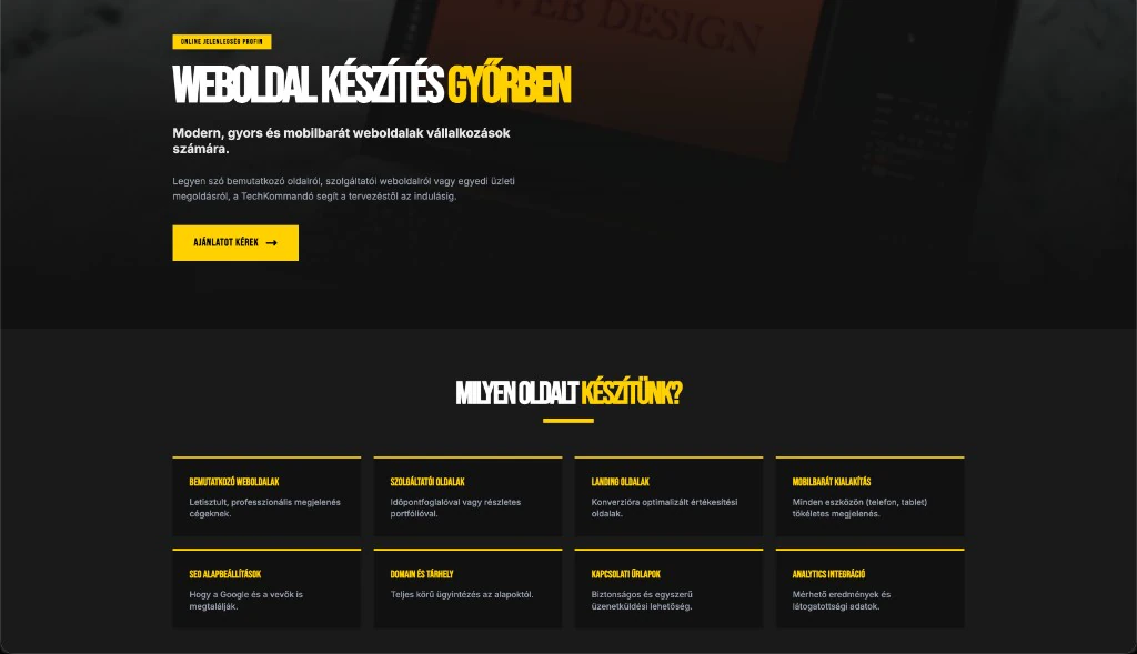 TechKommandó web design services page with dark hero and an eight-card grid of site types and deliverables.